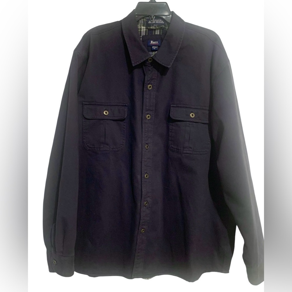 G H Bass Flannel Shacket Mens XL Navy Blue Flap Pockets Long Sleeves Button Up